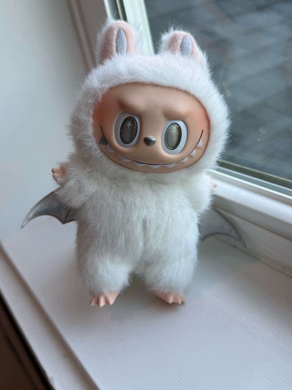 Labubu White Furry Monster Figure Plush with Silver Wings keychain